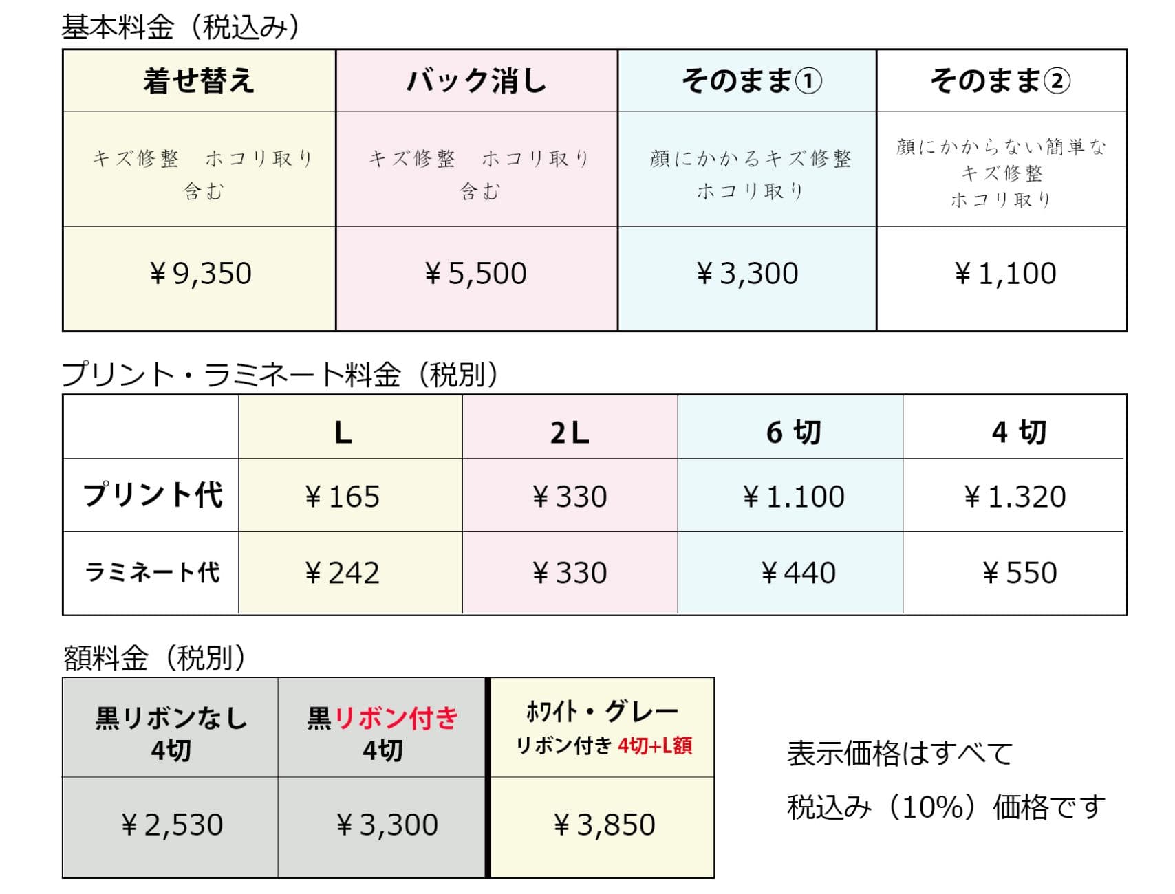 DAIOKU写真スタジオ 写真修整料金表